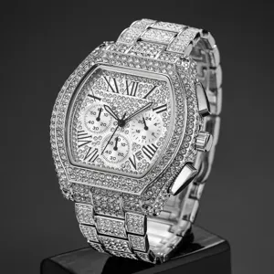 Luxury iced out men quartz watch tonneau rhinestone chronograph wristwatch for hip hop style