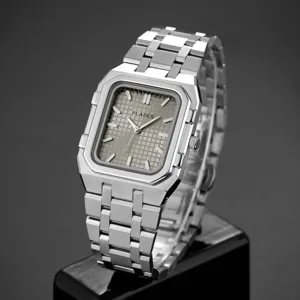 PLADEN heren vierkant quartz horloge met roestvrijstalen band en grijs wijzerplaat.