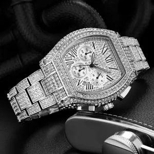 Luxury iced out tonneau quartz watch for men featuring sparkling rhinestones and chronograph subdials.