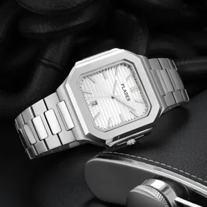PLADEN men's quartz watch silver stainless steel square dial business casual fashion wristwatch