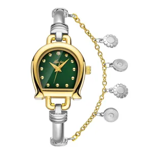 Luxury women quartz watch with horseshoe green dial, unique metal chain strap and floral charms.
