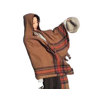 Autumn winter hooded plaid shawl scarf women cashmere feel cape with fringe stylish winter wear