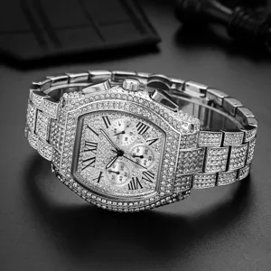 Men's Luxury Iced Out Tonneau Quartz Watch Full Diamond Chronograph Wristwatch New