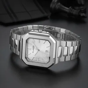 Close-up view of the silver stainless steel quartz men watch featuring a square dial.