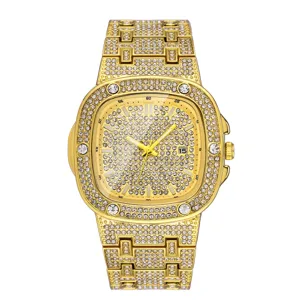 Luxury gold full diamond hip-hop men's quartz watch with square dial and calendar display.