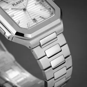 Men's stainless steel quartz watch with square dial and stylish metal bracelet for business.