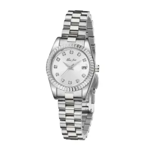 Silver stainless steel quartz women watch with crystal markers and fluted bezel design.