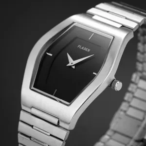 Roestvrijstalen quartz horloge voor heren met unieke asymmetrische wijzerplaat.