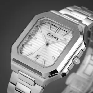 Close-up view of the luxury square quartz watch featuring a textured dial and steel strap.