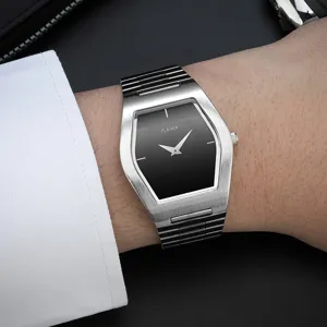 PLADEN luxe heren quartz horloge met stijlvolle roestvrijstalen tonneau kast en zwarte wijzerplaat.
