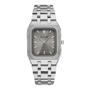 Heren vierkant quartz horloge met gestructureerde grijze wijzerplaat en stalen band.