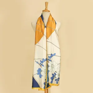 Vintage lange zijden sjaal voor dames, stijlvolle sjaal met geometrisch bloemen- en parapluprint.