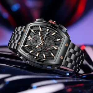 PLADEN luxury tonneau men's watch with steel strap, luminous chronograph sports design.