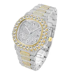 Luxe Volledig Ingezet Strass Kwartshorloge Heren Hip Hop Goud Zilver Arabische Cijfers Wijzerplaat Metalen Horloge Met Kalenderweergave