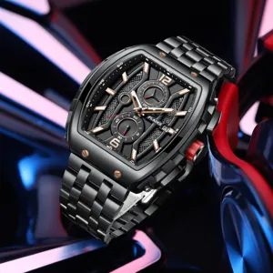 PLADEN luxury men's tonneau watch stainless steel strap luminous waterproof sports wristwatch
