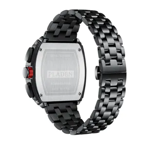 Detail view of black stainless steel men watch back case with engraved logo and metal strap.