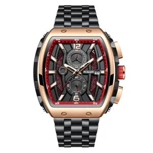 Detailed close-up of PLADEN luxury tonneau men watch with luminous markers and steel strap.