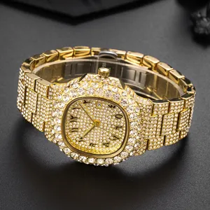 Luxe Heren Goud Quartz Horloge Vol Diamant Hip Hop Strass Arabische Wijzerplaat Polshorloge