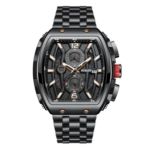 PLADEN luxury tonneau men watch, black steel strap, skeleton chronograph dial detail.