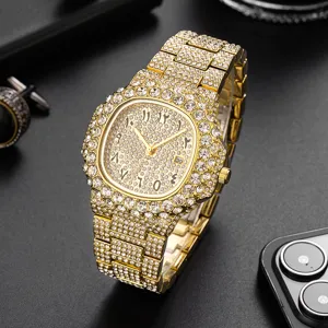 Heren ijskoud goud kwarts horloge met arabische cijfers strass kussen luxe horloge