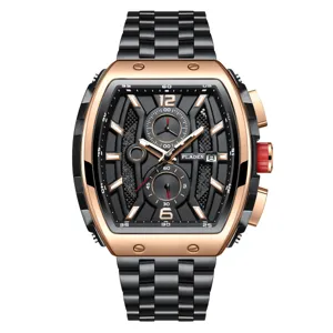 PLADEN luxury tonneau men watch with stainless steel strap, luminous multi-functional dial.
