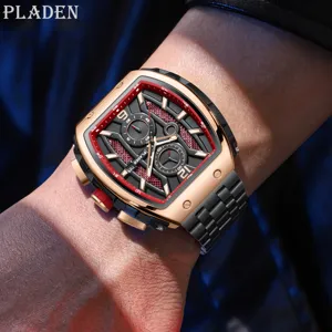 Men's Tonneau Sport Quartz Watch Luminous Calendar Multi-Functional Stainless Steel Band Luxury Fashion Wristwatch