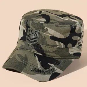 Berretto Militare Mimetico Flat Top da Uomo Cappello da Sole All'aperto in Cotone Traspirante con Ricamo US Stile Esercito