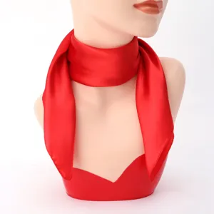 Red silk square scarf neck detail, lightweight satin material, elegant minimalist summer accessory.