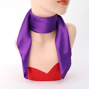 Purple satin silk square scarf elegant neckerchief for women summer sun protection.