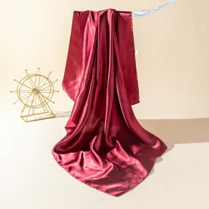 Elegant burgundy satin silk square scarf for women, perfect for summer travel and daily wear.