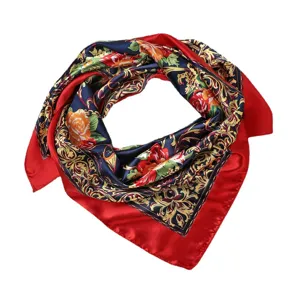 Elegante barok bloemen vierkante zijden sjaal met vintage rode rand en donkerblauw centrum.