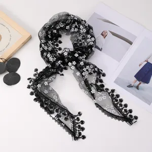 Black floral lace scarf, elegant sheer mesh neckerchief detail shot showcase for women.