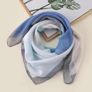 Blue grey white color-blocked square scarf 70x70cm lightweight stylish neckerchief for women