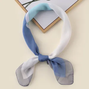 Blue white color block silk scarf women stylish small square neckerchief travel accessor