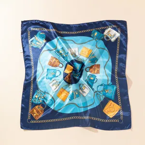 Μπλε μεταξωτό τετραγωνικό μαντήλι με σχέδιο αλυσίδας και τσάντες, κομψό γυναικείο σάλι.