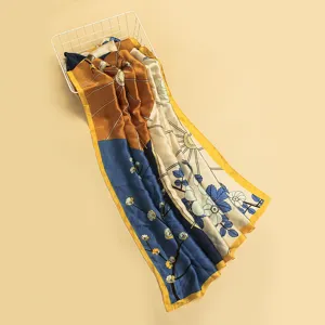 Vintage zijden lange sjaal met elegant bloemen- en paraplupatroon voor elk seizoen en reizen.