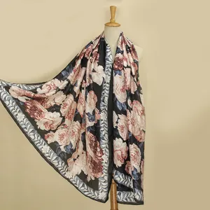 Élégant Foulard À Imprimé Floral Rose Camélia Grand Châle En Satin Rétro Pastoral Foulard En Polyester Pour Femmes Automne Hiver