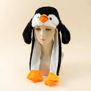 Süße Plüsch Pinguin Mütze mit beweglichen Ohren, warme Winter Cartoon Tierkappe für Damen.