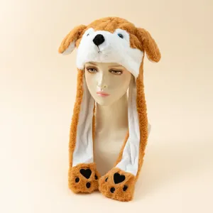 Süßer Plüsch Hundehut mit beweglichen Ohren und Pfoten Klappen, warme Winter Mütze.