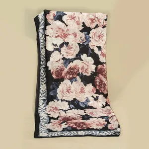 Foulard en soie imprime floral retro grand chale pastoral elegante camelia pour femme