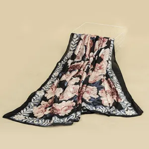 Foulard en soie à imprimé floral vintage, grand châle avec motif rose noire pour dame.