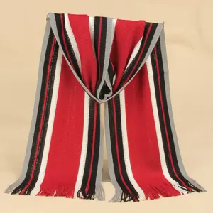 Knitted striped scarf detail showcasing the multi-color block design and fine tassels.