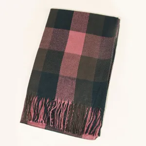 Classic tartan plaid winter scarf with fringed hem, warm cozy knit tassel shawl wrap.