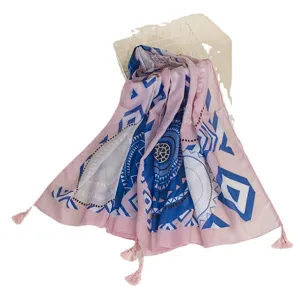 Böhmischer ethnischer rosa blauer Quastenschal Sommer Strand Sonnenschutz leichtes Tuch