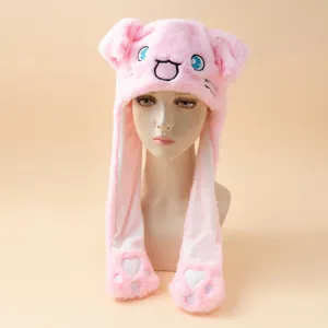 Niedlicher Plüsch Tierhut mit beweglichen Ohren, rosa Wintermütze für Damen und Mädchen.