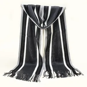 Detail view of the stylish striped knitted men scarf featuring fringe and cozy color block design.