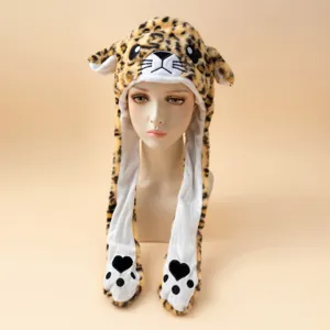 Süßer Plüsch Leoparden Mütze mit beweglichen Ohren, warme Tier Kappe für Herbst und Winter.