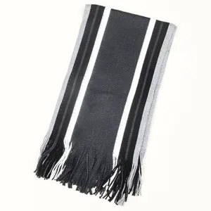 Men's knitted striped scarf with fringe, stylish color block winter warm neck wrap detail.