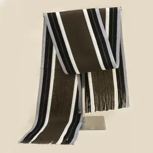 Men's stylish striped knit scarf with color block design and cozy fringe ends for winter.