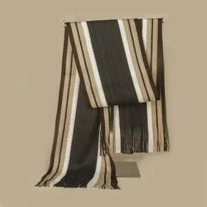 Men's knitted winter scarf with color block stripes and tassels for outdoor warmth and daily fashion wear.